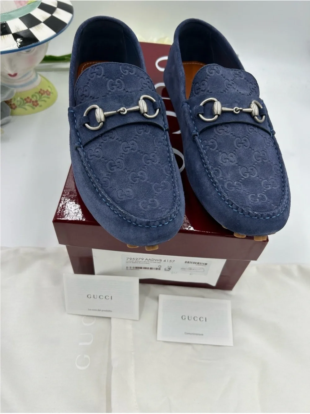 Men’s Gucci, GG embossed suede driver loafer size 10 fit 11 US made Italy